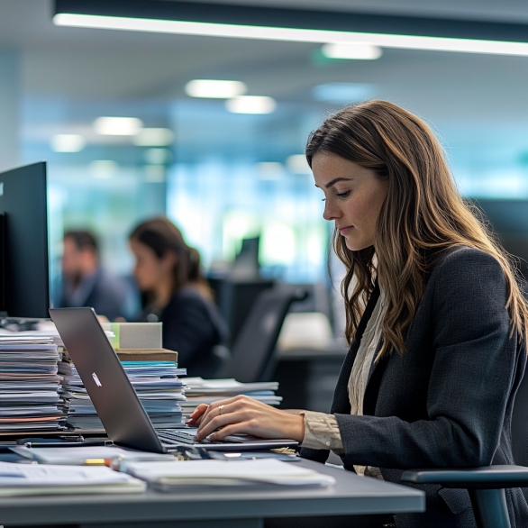 Een front office medewerker die aan het typen is op haar laptop. Op de achtergrond zie je collega's en papierwerk