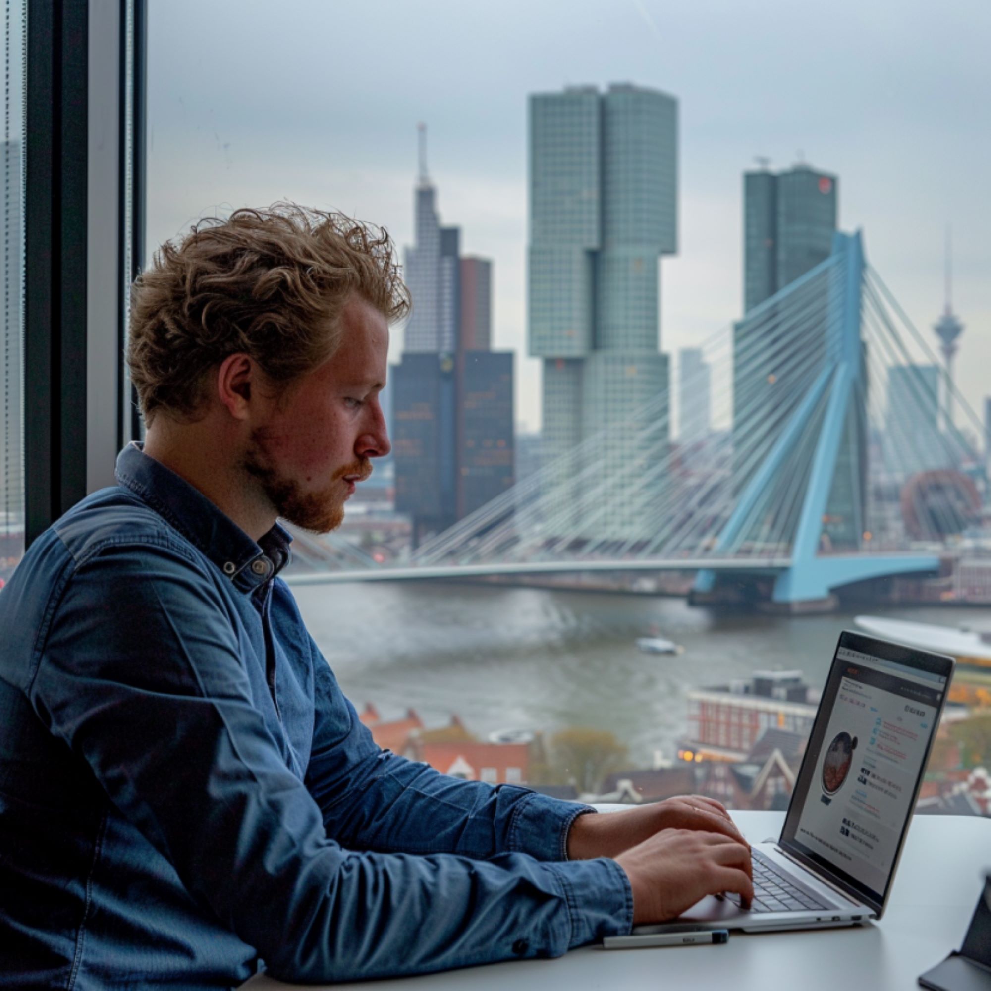 Een man is werkende op kantoor in rotterdam en is aan het werk op zijn laptop