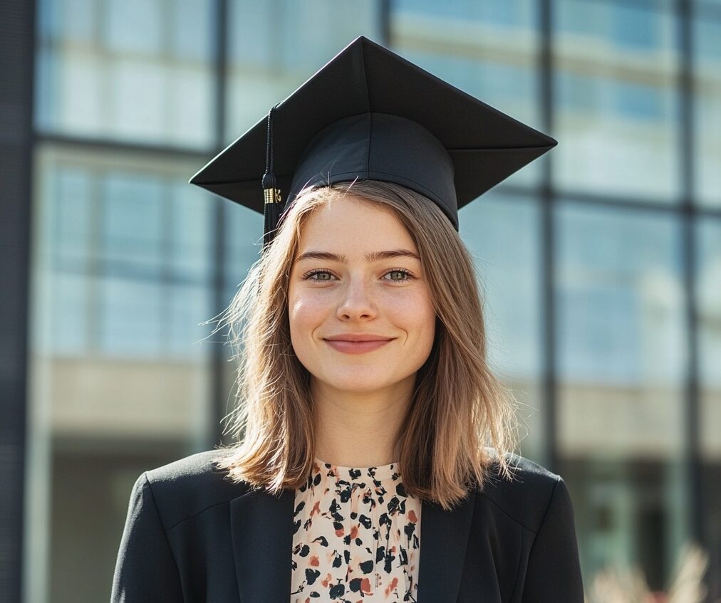 Een vrouw is net afgestudeerd.